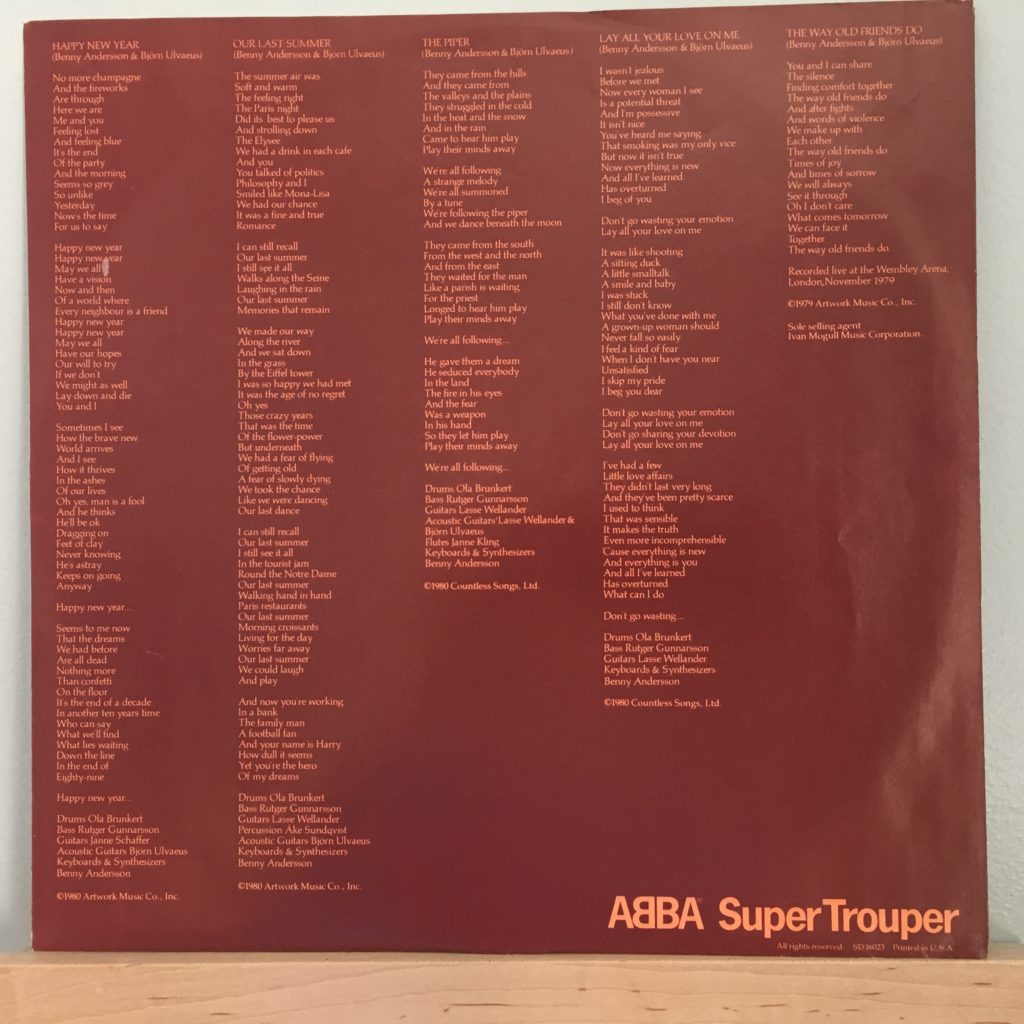 ABBA Super Trouper lyric sleeve