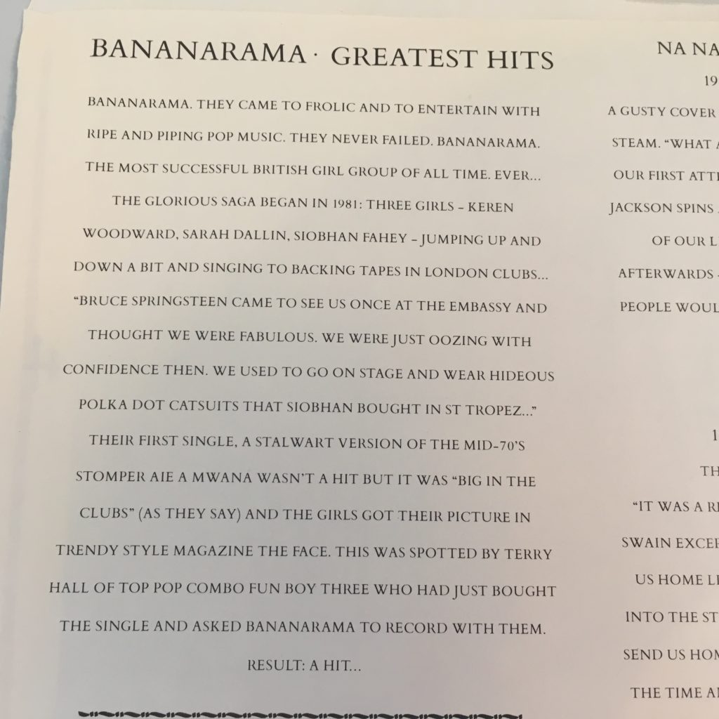 Bananarama Greatest Hits sleeve detail