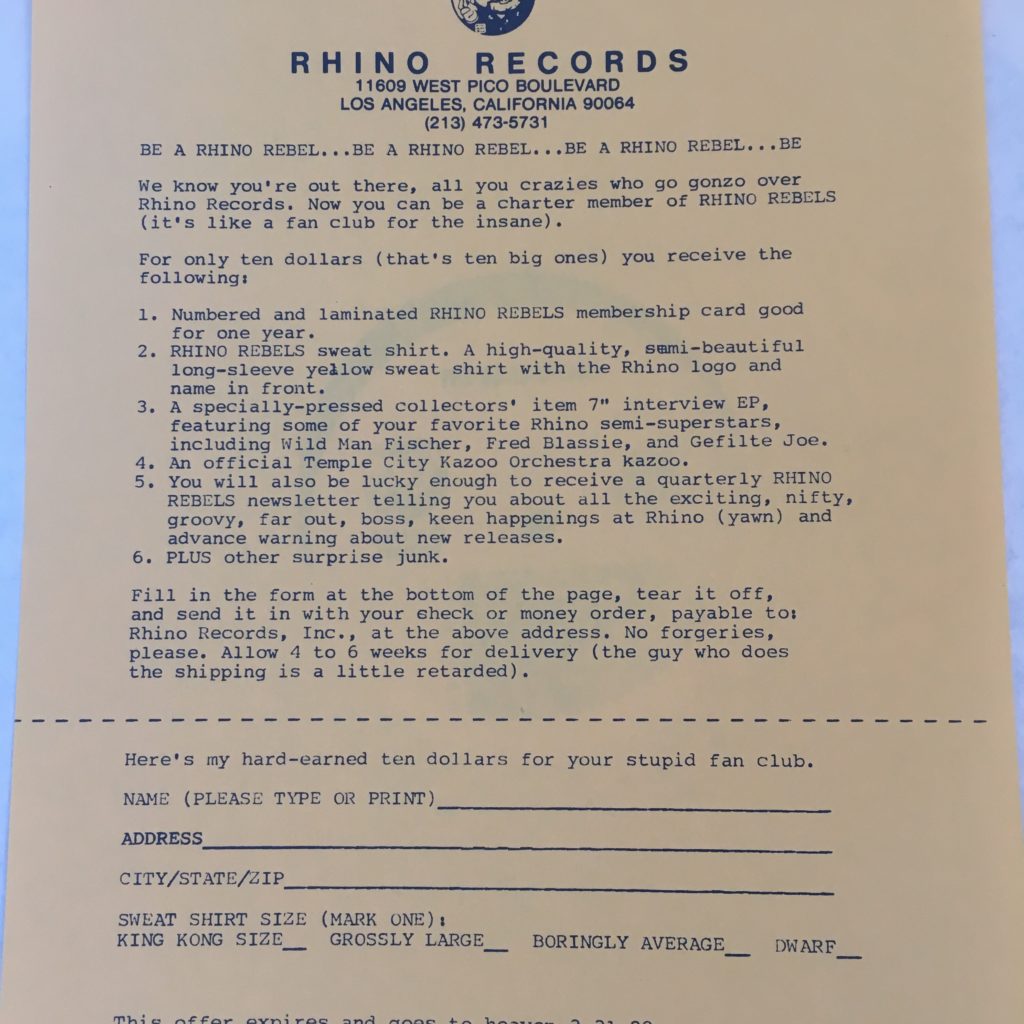 Rhino Records fan club insert