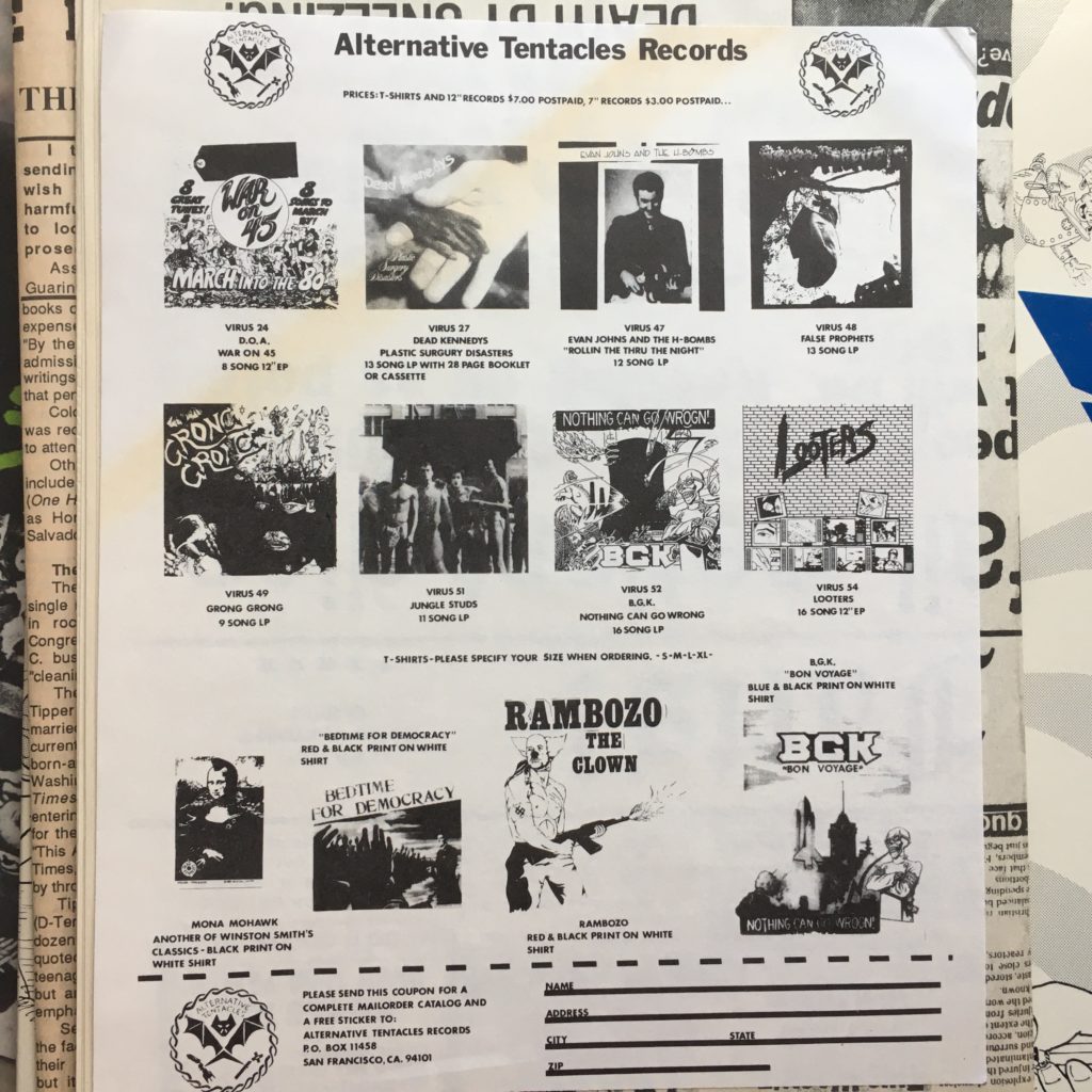 Alternative Tentacles Records order sheet