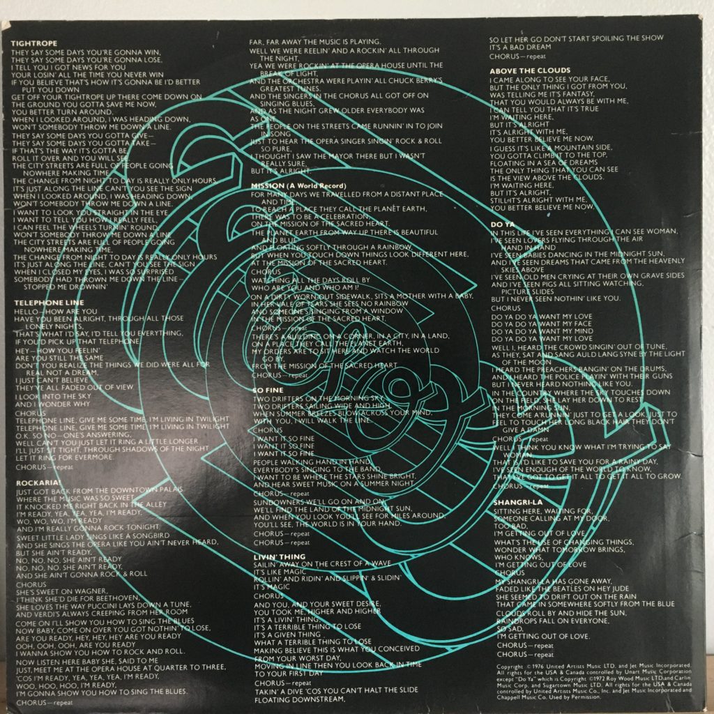 ELO New World Record lyric sleeve