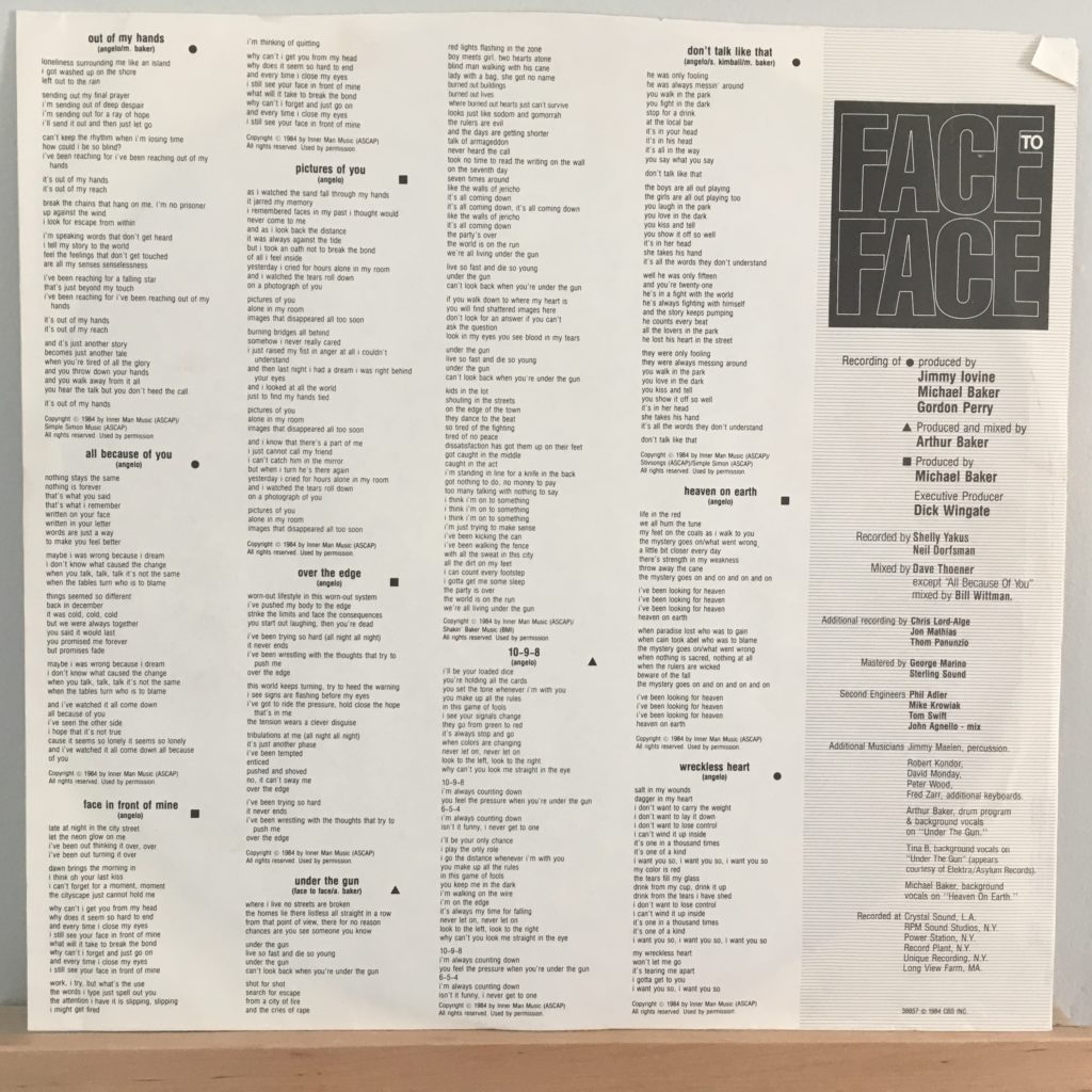 Nice lyric sleeve for Face to Face