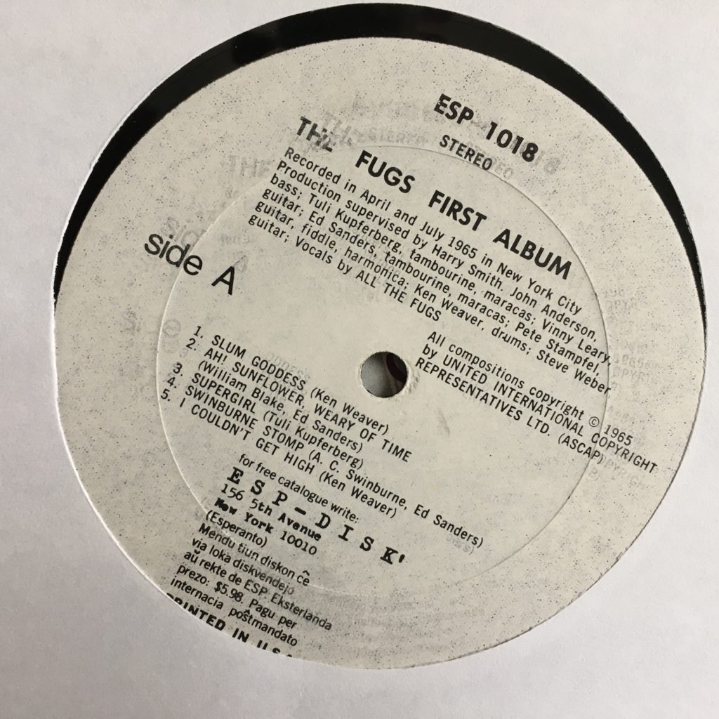 Poorly printed Fugs First Album label