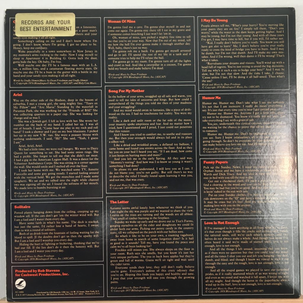 Dean Friedman back cover with lyrics