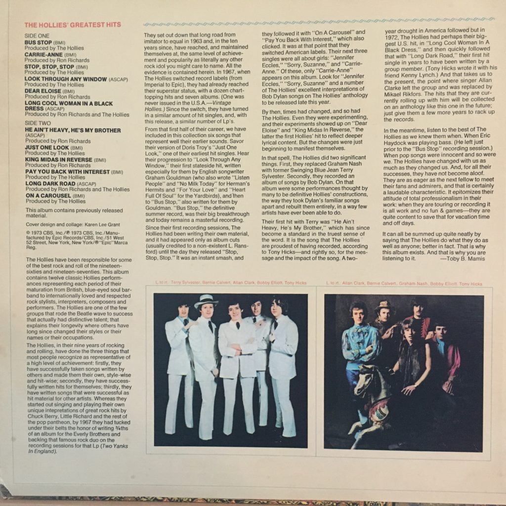 The Hollies Greatest Hits back cover