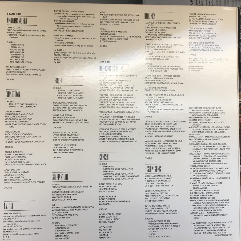 Night and Day lyrics gatefold