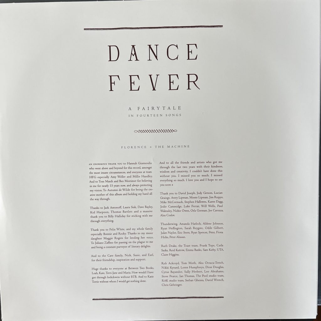 Dance Fever acknowledgements on the first sleeve side