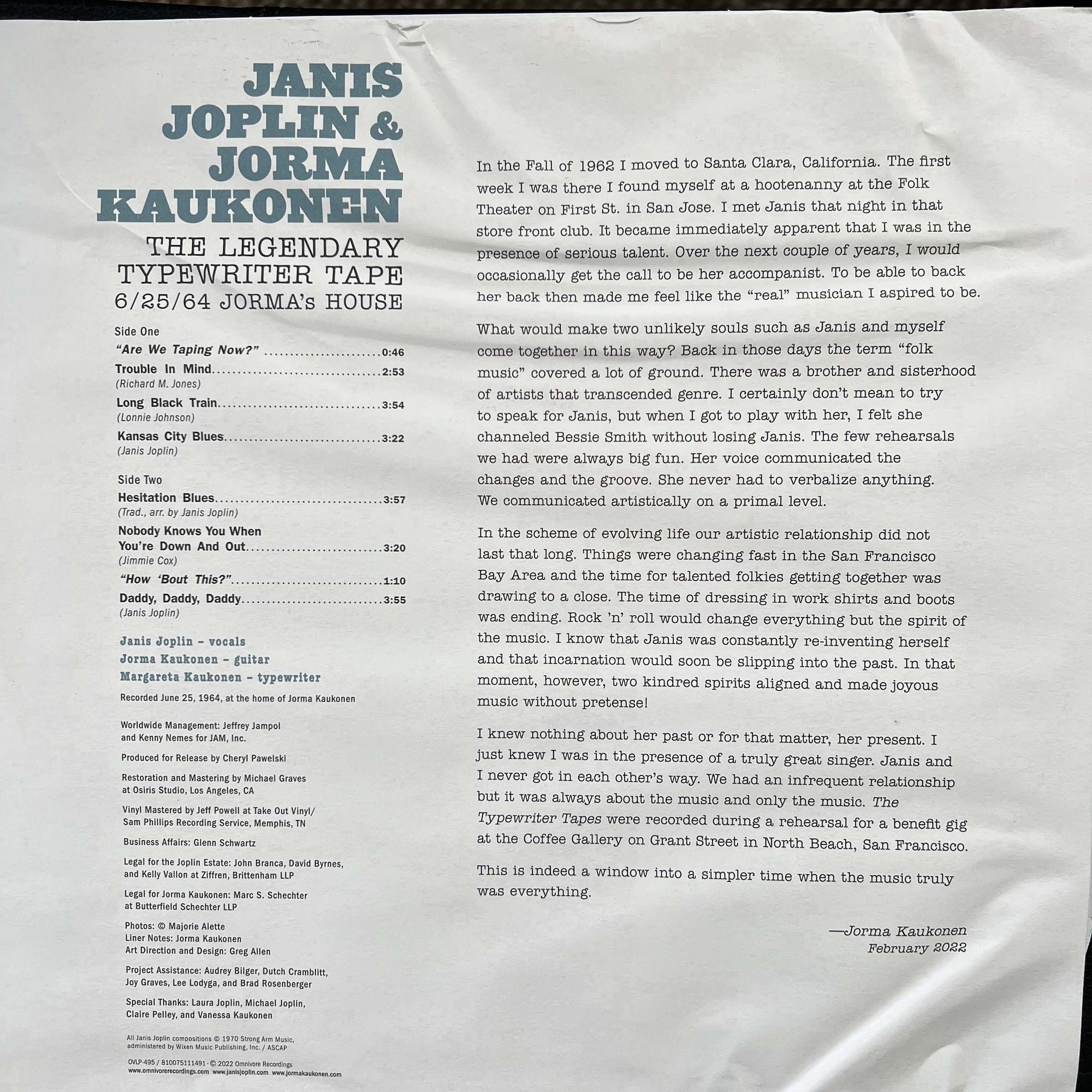 Janis Joplin & Jorma Kaukonen – The Legendary Typewriter Tape 