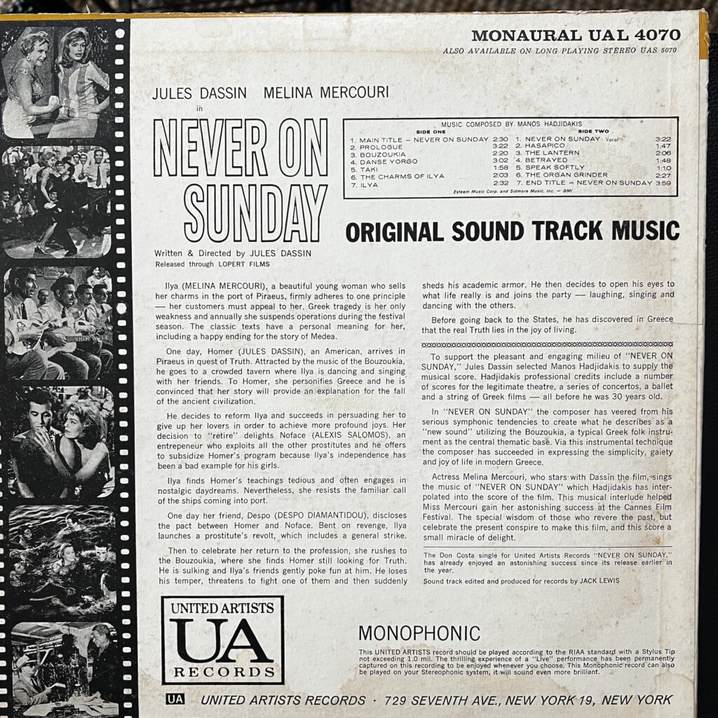 Never On Sunday back cover
