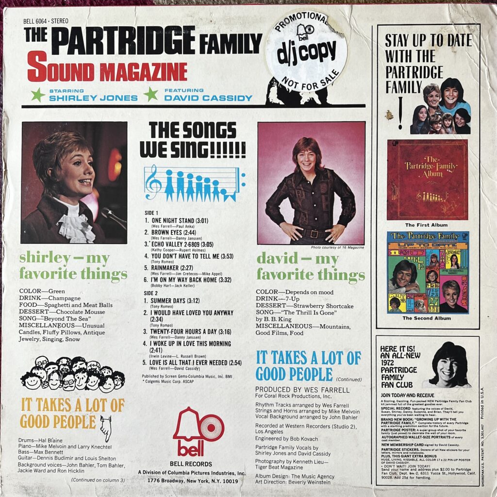 Partridge Family Sound Magazine back cover with promo label