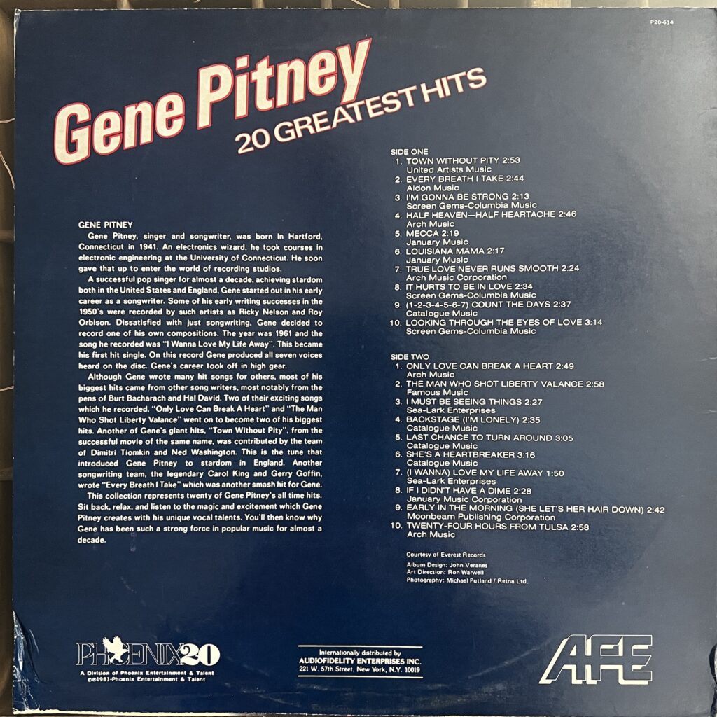 Gene Pitney 20 Greatest Hits back cover