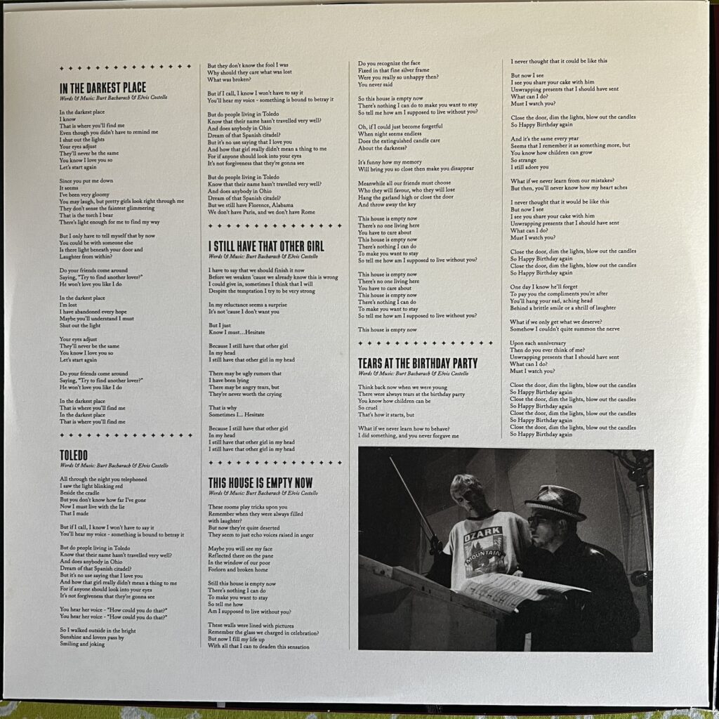 The Songs of Bacharach & Costello lyric sleeve
