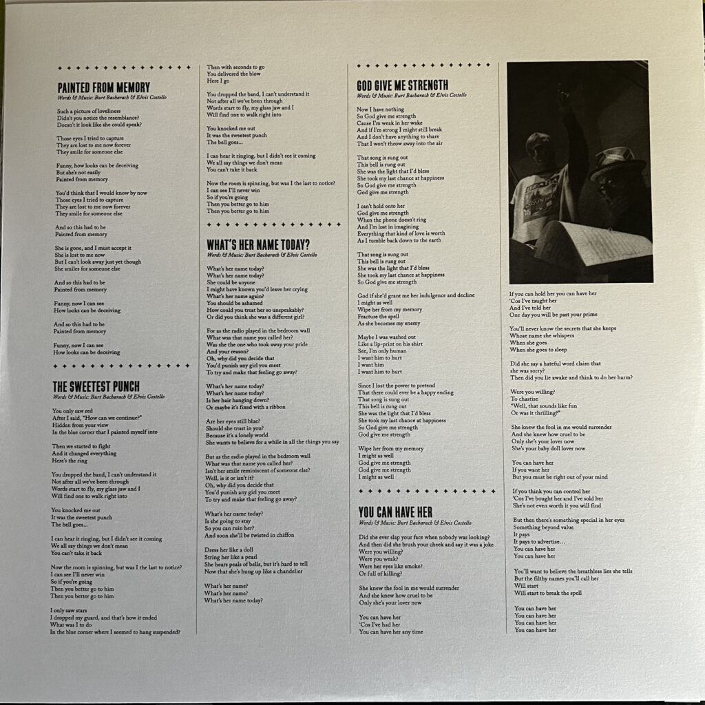 The Songs of Bacharach & Costello lyric sleeve