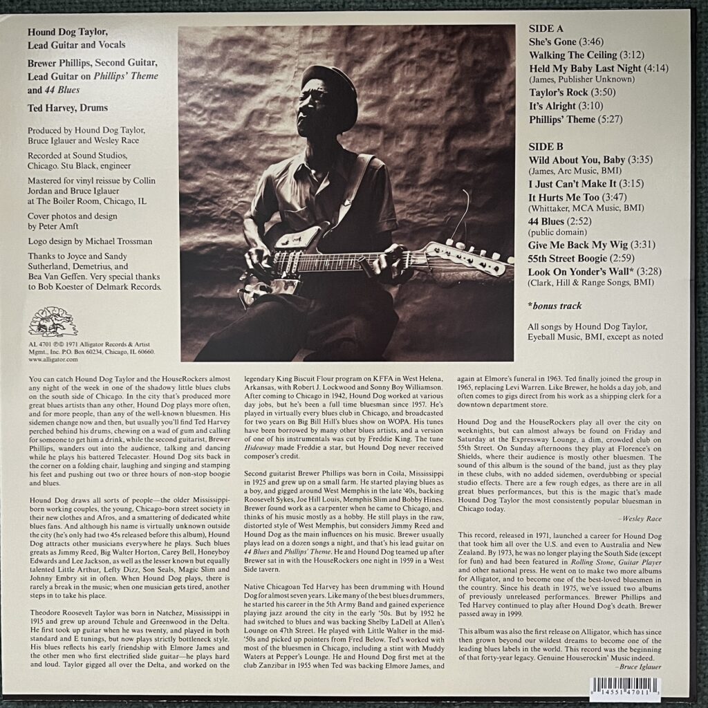 Hound Dog Taylor and the Houserockers back cover, with liner notes by Wesley Race and Bruce Iglauer.