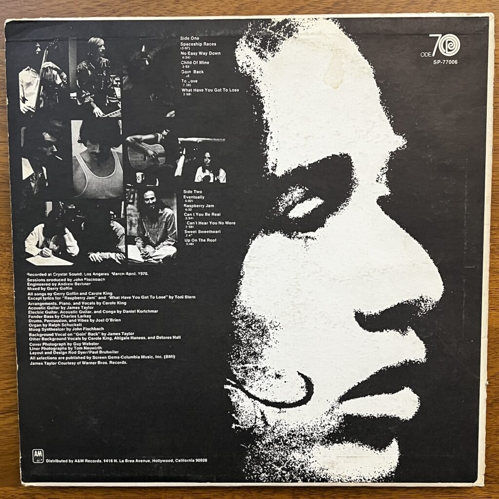 Back cover of Writer, with several small photographs of the album personnel to the upper left, and a large stylized black and white photograph of Carole King's face in profile to the right.