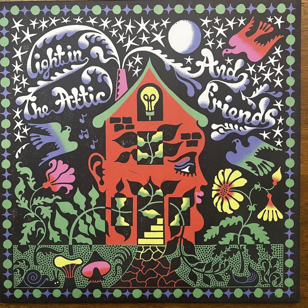 Light in the Attic and Friends front cover – a very folk art style illustration. The entire image is bordered by dots and four-pointed stars. within, there is a house with a face, birds and flowers, plants growing into the ground with snails and mushrooms.