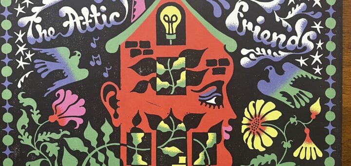 Light in the Attic and Friends front cover – a very folk art style illustration. The entire image is bordered by dots and four-pointed stars. within, there is a house with a face, birds and flowers, plants growing into the ground with snails and mushrooms.