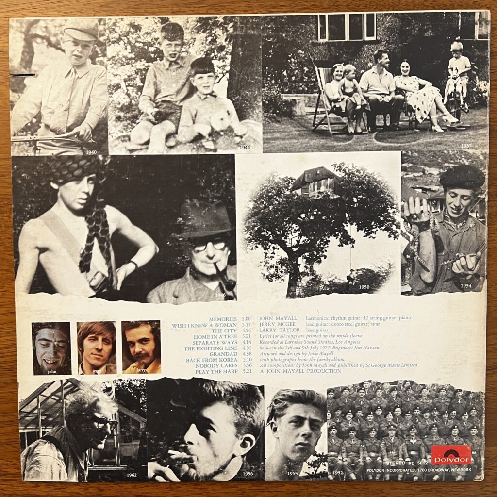 Memories back cover, featuring several dated photographs of John Mayall, his family, his bandmates.