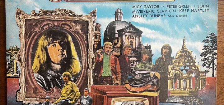 The cover of the two-disc set "Thru The Years" by John Mayall. The cover illustration is meant to evoke old times or nostalgia. There is the suggestion of a landscape, with darker foreground, a clear horizon line with a tree or two, and blue sky with light clouds throughout. Arranged in the foreground is a collage of disparate images, including a very antique car, a somewhat more modern car, a television set, and a record player. A giant framed photograph of John Mayall appears to the left; images of old landmark buildings are scattered across the scene. Cut out pictures of the musicians who played with Mayall are also arranged through the collage.