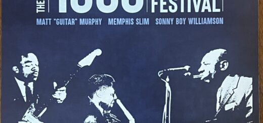 front cover of 1963 Blues Festival, recorded live in Oberhausen, Germany, 1963, with Matt "Guitar" Murphy, Memphis Slim, and Sonny Boy Williamson. Beneath the title are highly contrasted photographs of Murphy, holding his guitar, Memphis Slim at a keyboard and microphone, and Williamson playing harmonica into a microphone.