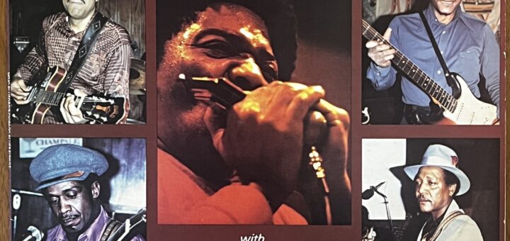 Mojo Buford's Chicago Blues Summit front cover – with the title on top in Mistral, beneath which are five photographs of different Black men featured on the album – two each on the left and right, all playing guitars, and Mojo Buford in the center playing harmonica.